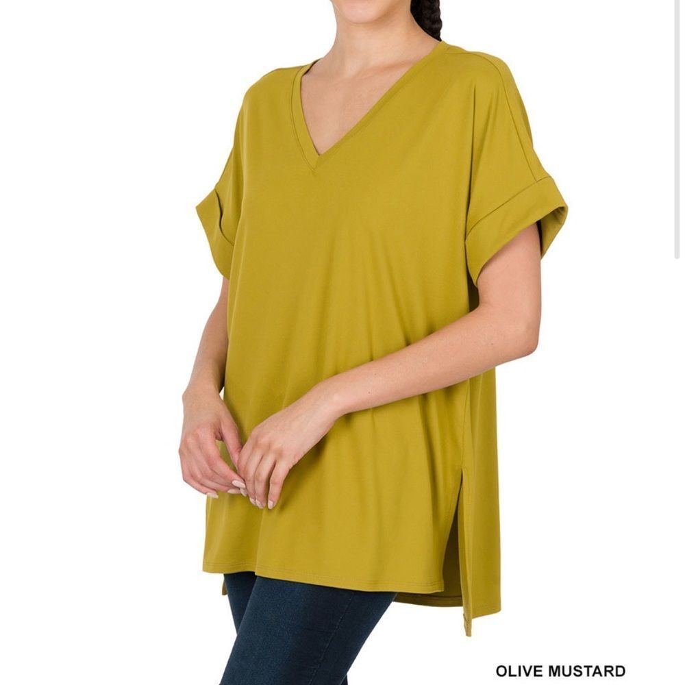 #PT-2456AB BRUSHED DTY ROLLED SHORT SLEEVE V-NECK TOP Olive Mustard
